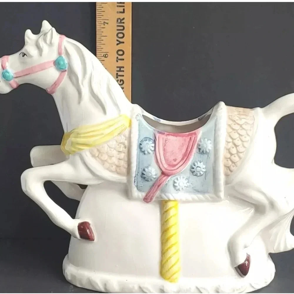 Vintage White Ceramic Carousel Horse Figurine Planter Vase - Heritage America